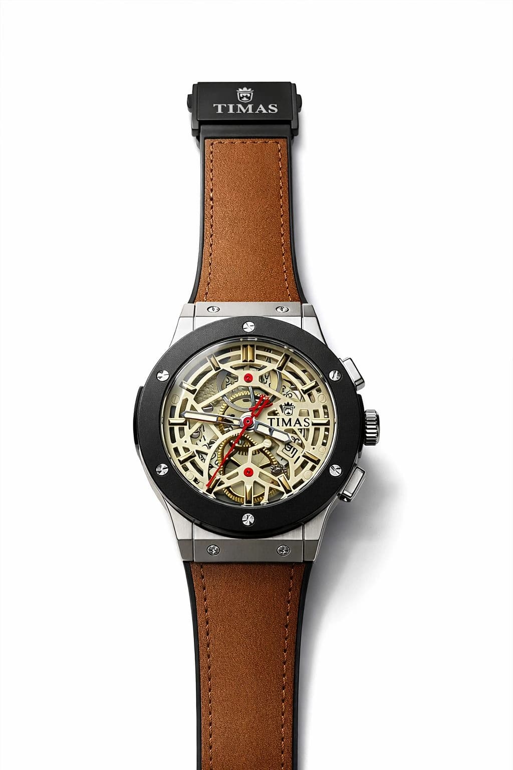 Timas Skeleton Quartz Watch – Brown Leather Strap