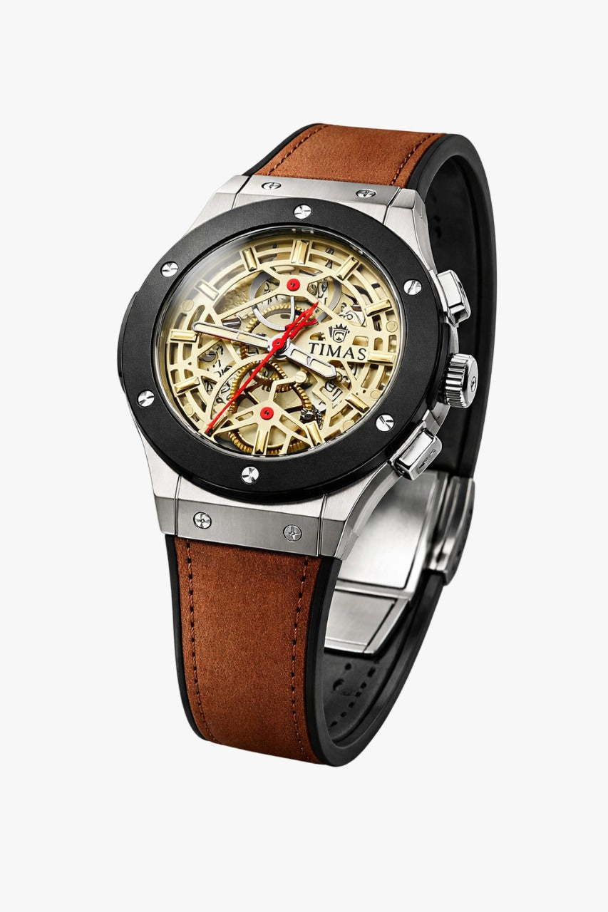 Timas Skeleton Quartz Watch – Brown Leather Strap