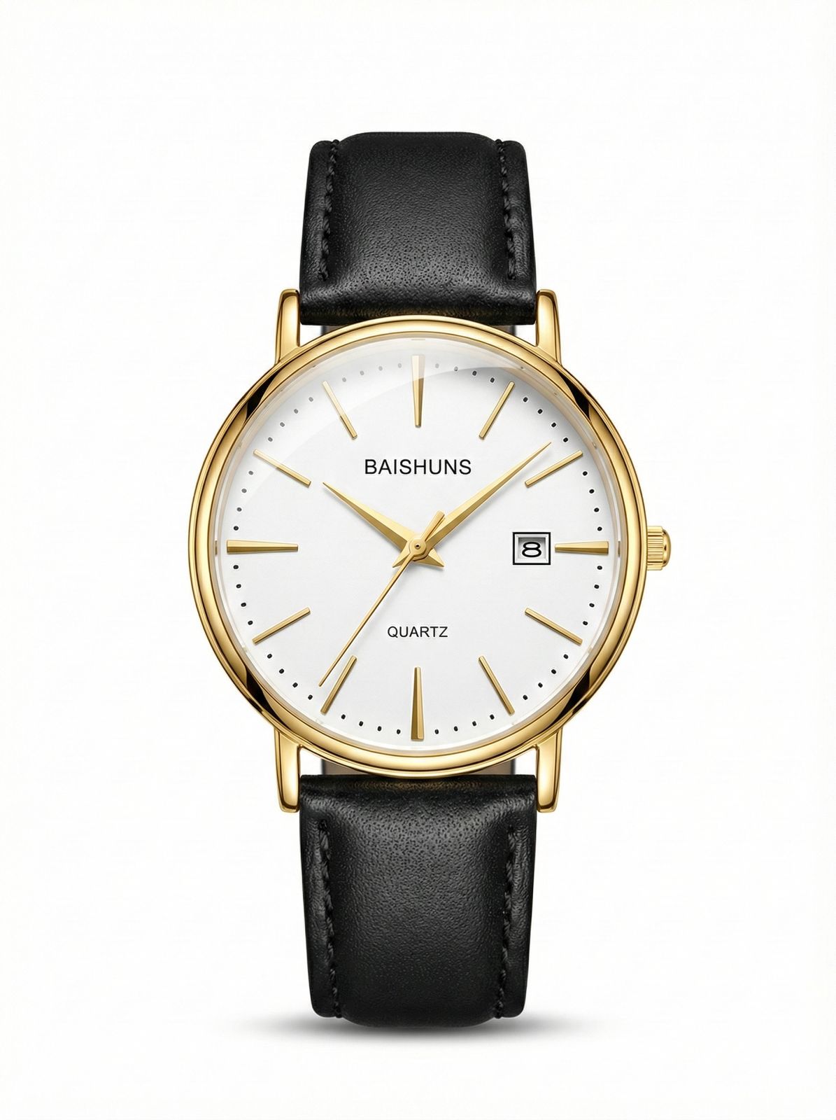 BAISHUNS Quartz Watch – Gold Case & Black Leather Strap